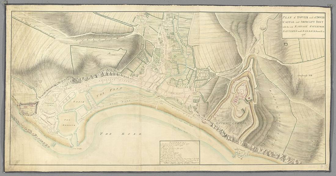 Plan of Dover and of Dover Castle and Archcliffe Fort (1756)